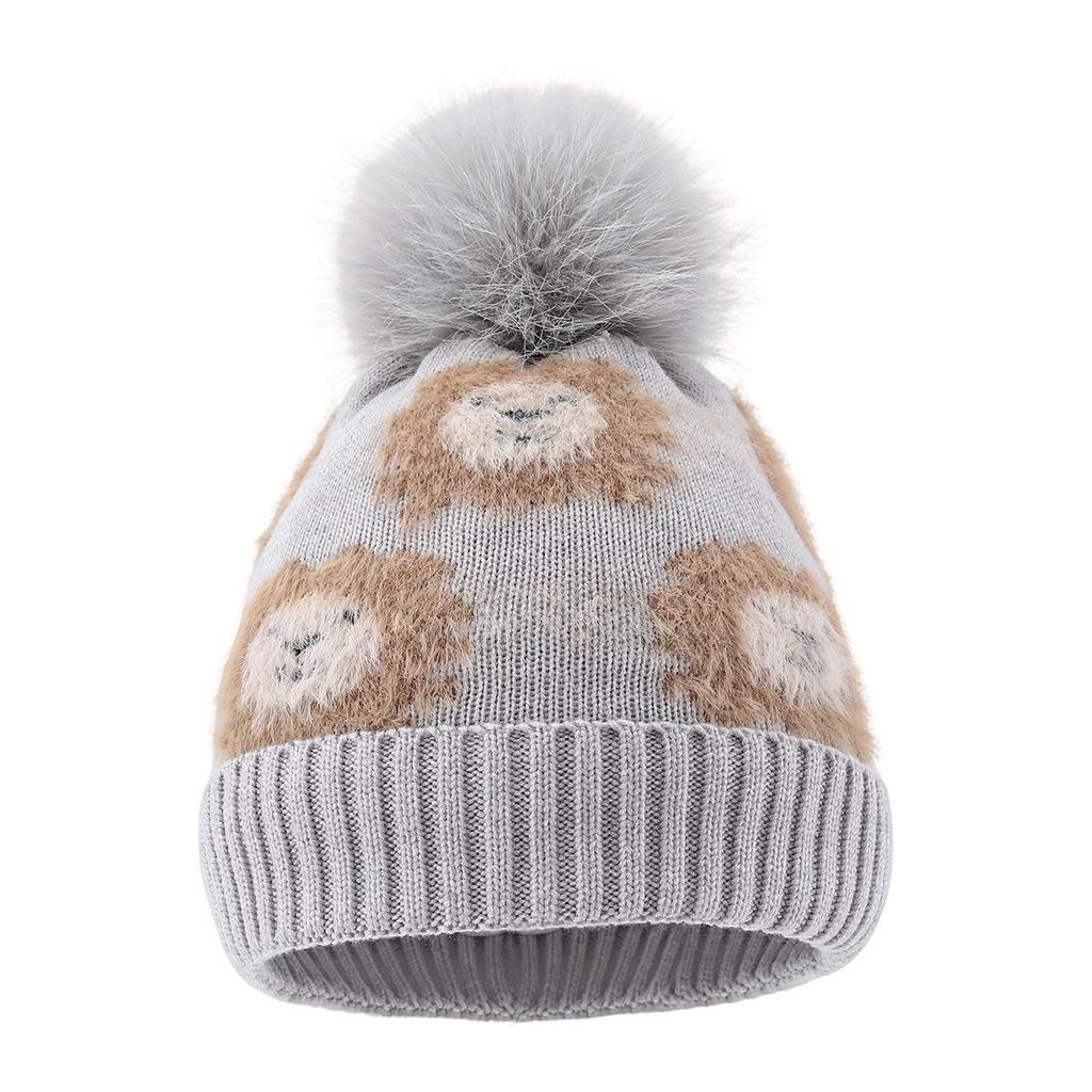 Cartoon Löwe Pompom Strickmütze: Fleecegefüttert, Warm, Ohrenschützend für Kinder (Herbst Winter).