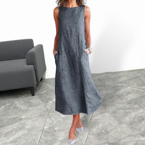Women Summer Dress Striped Patchwork Sleeveless O-neck Loose Dress-up Pockets A-line Women Midi Dress Women Clothes
