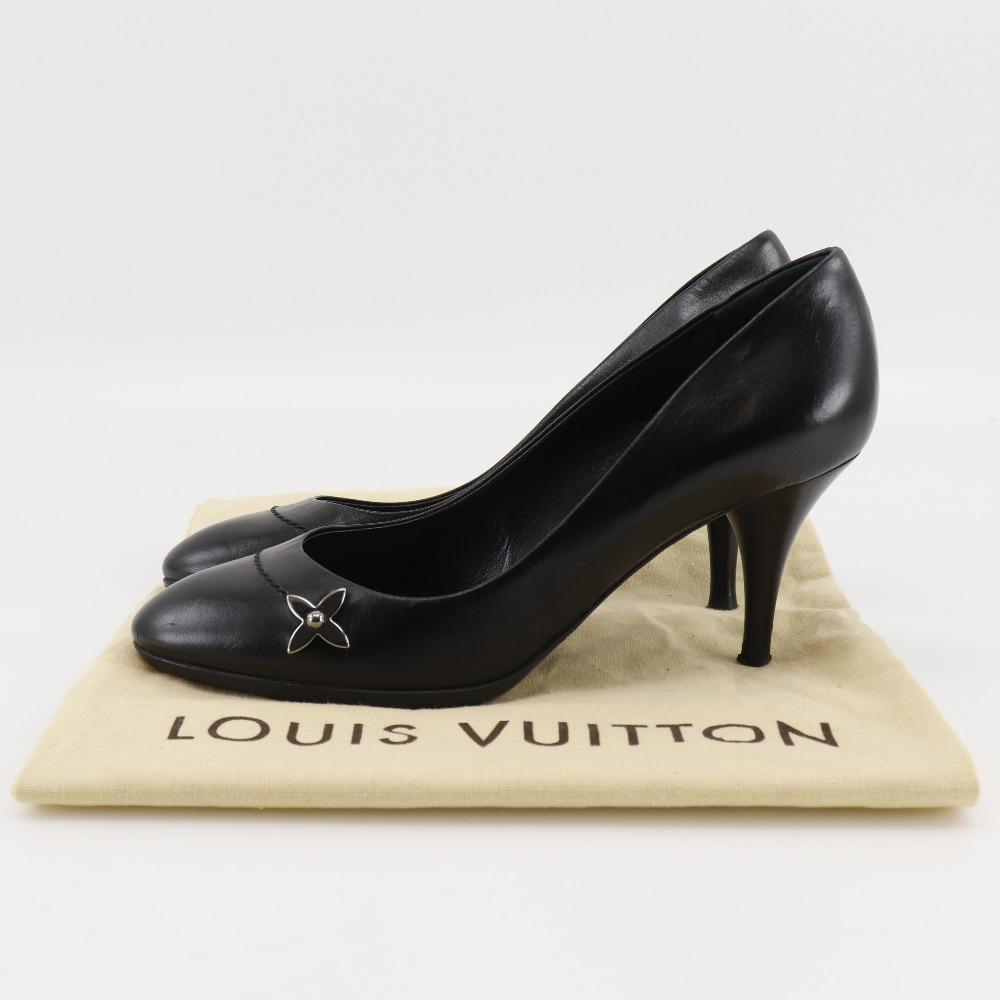 LOUIS VUITTON Monogram flower pumps Round toe black leather flour Women Used