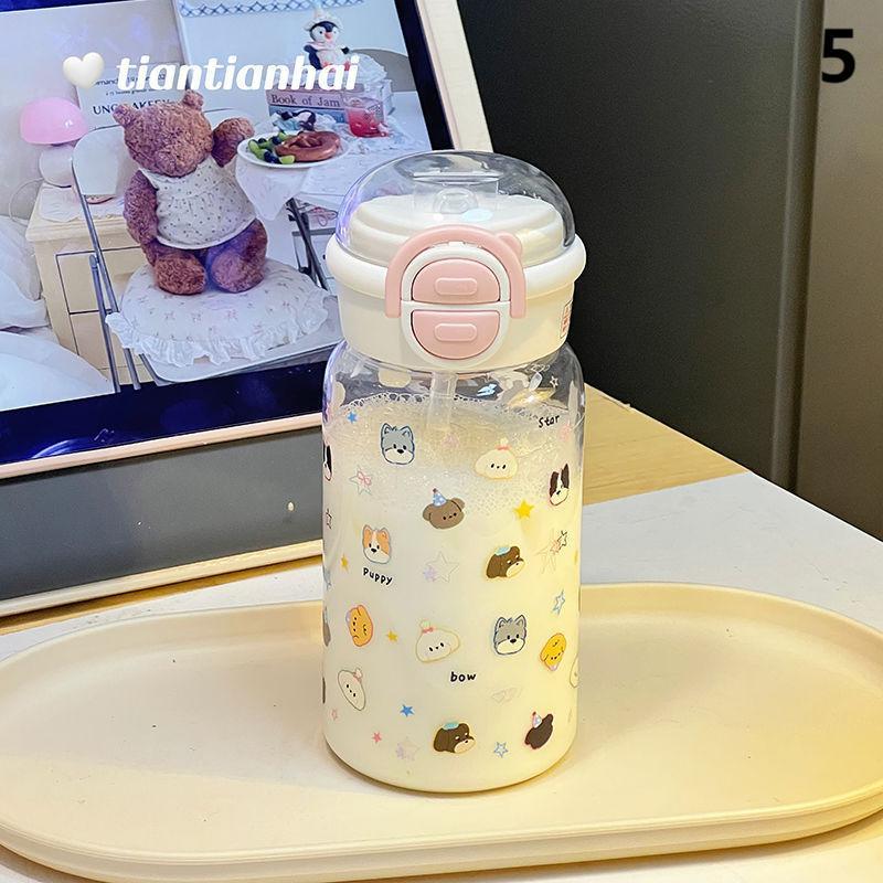 600 ml Stern Wasserflasche Becher für Eiskaffee Saft Tee Niedliche Schleife Plastikbecher mit Strohhalm Deckel Tragbare Trinkflasche