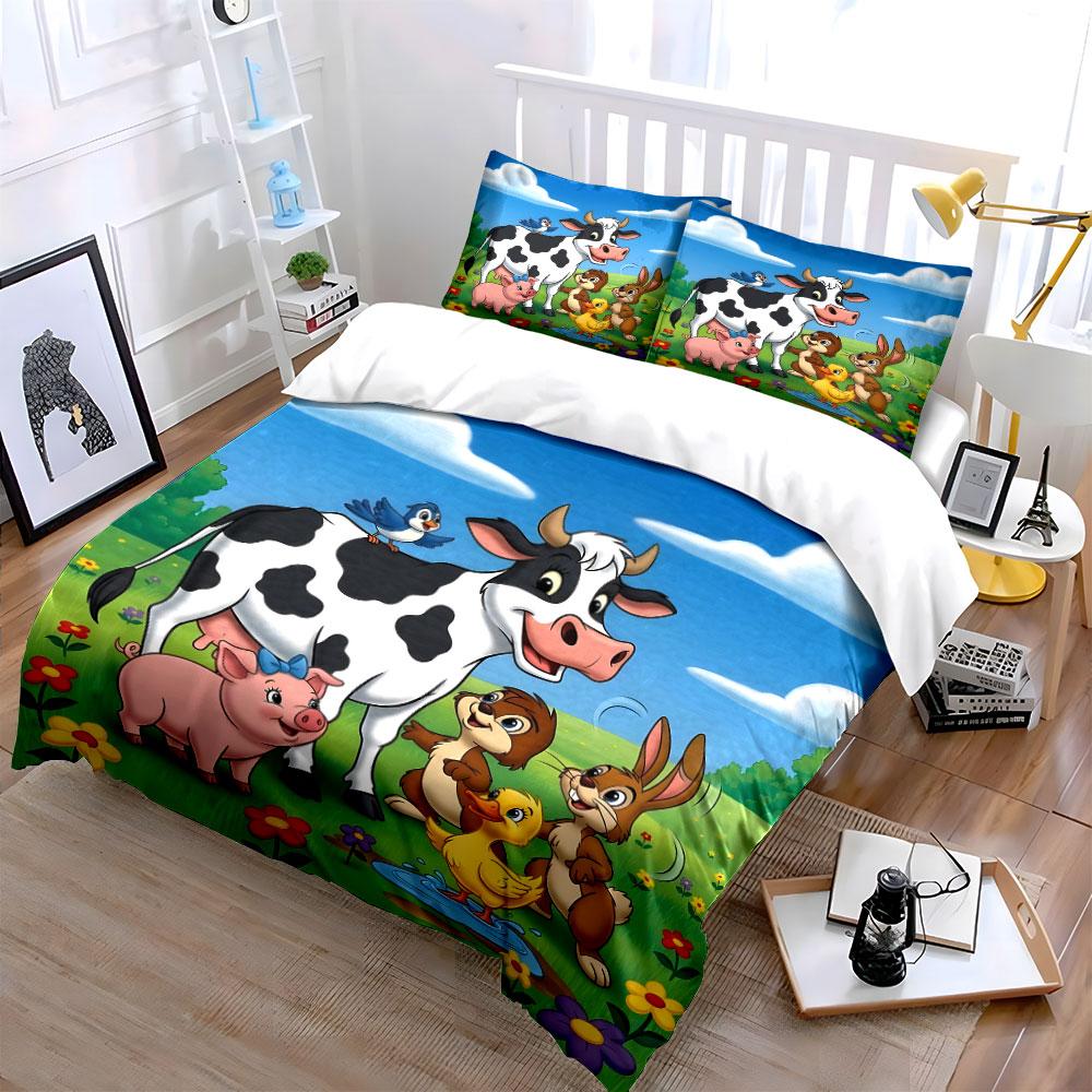 Cartoon Farm Animals Happy Gathering Duvet Cover Set With 3D Printing Design Soft Polyester Bedding Set All-Season Comfort