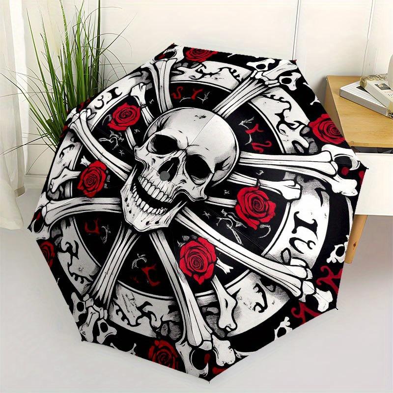 Skull & Roses Crossbones Circular Wall Art Decor Umbrella, Portable 3-Fold Compact Umbrella for Men & Women R135