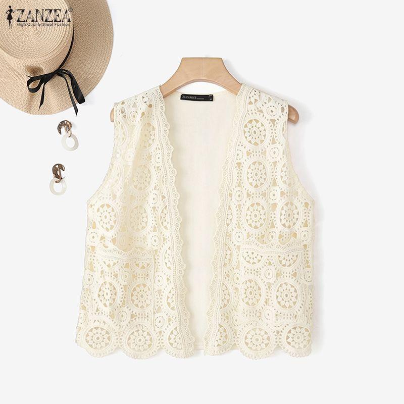 ZANZEA Women Casual Lace Patchwork Sleeveless Cardigan Vest