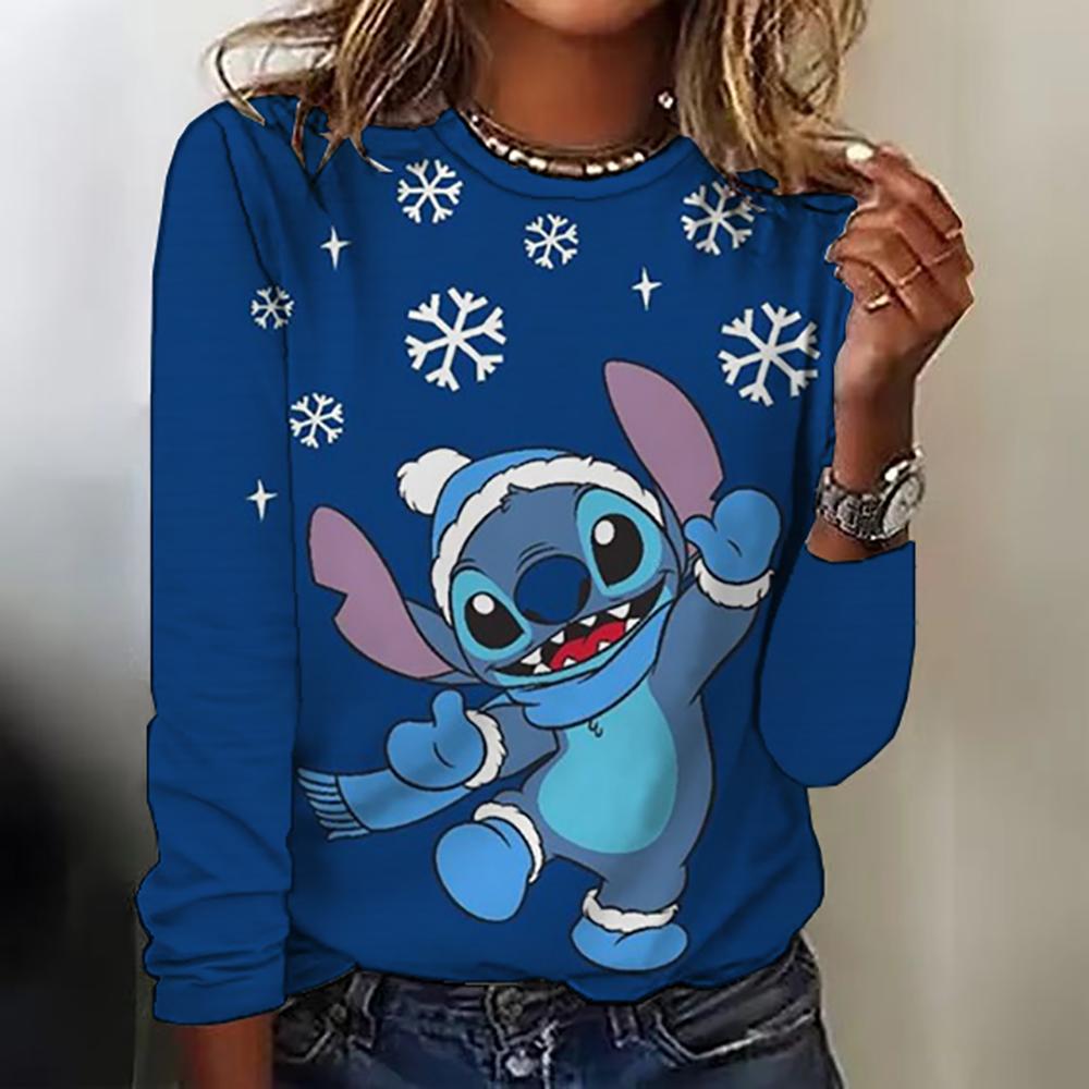 New women's round neck T-shirt long sleeved top Disney Christmas Stitch print fashionable and trendy women's T-shirt top for aut