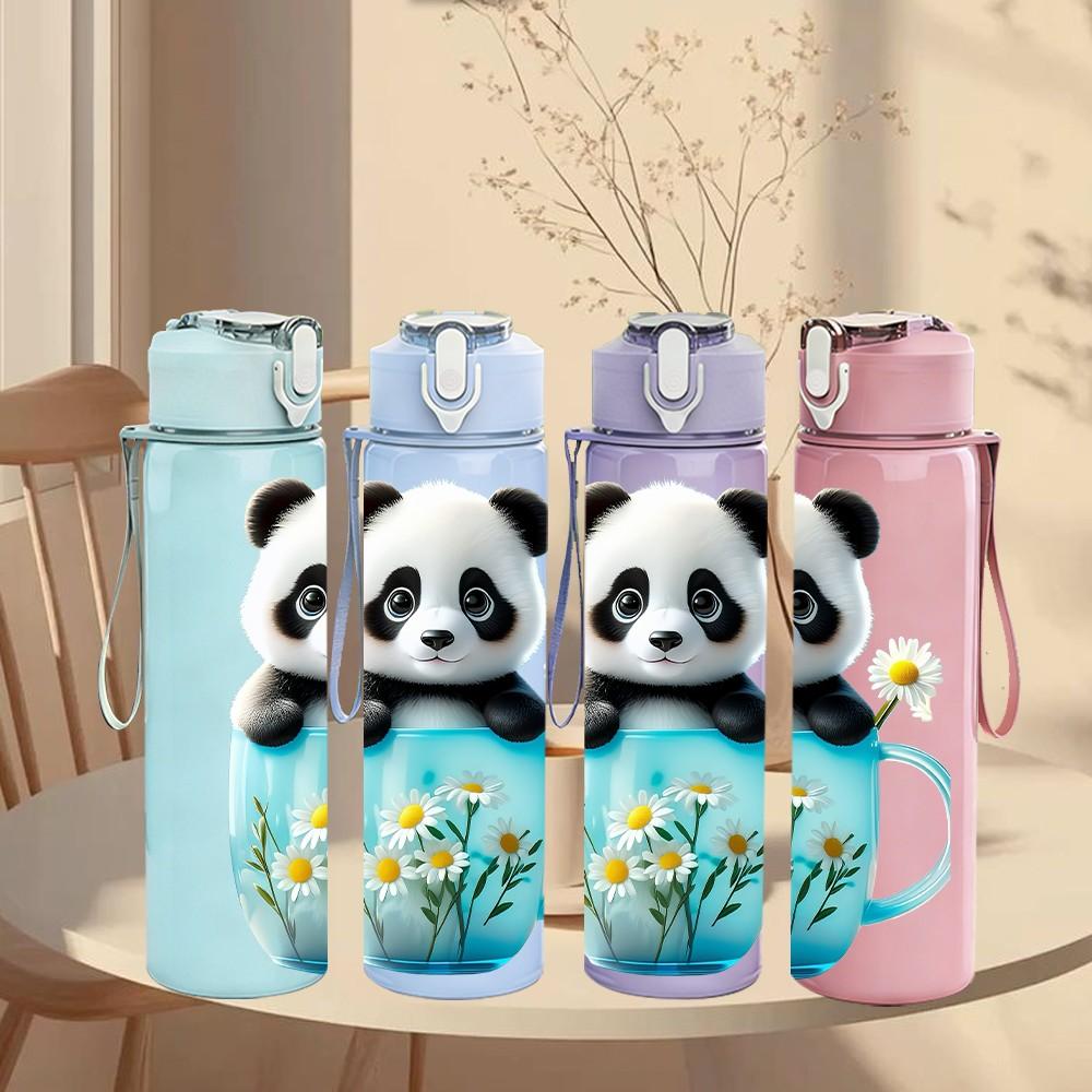 1PC Panda Inside Blue Tea Cup Print 750ml Color Plastic Sports Water Bottle Leakproof Flip Straw Lid Suitable for Sports Office Home Use