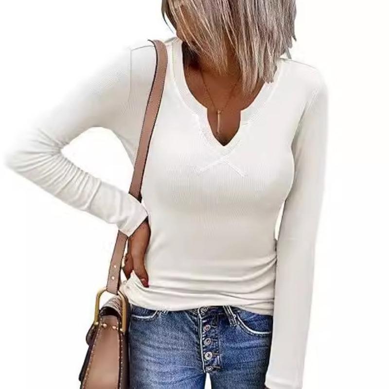 Women's Blouse Pit Stripe Deep U Neck Neckline Cross Long Sleeve Top