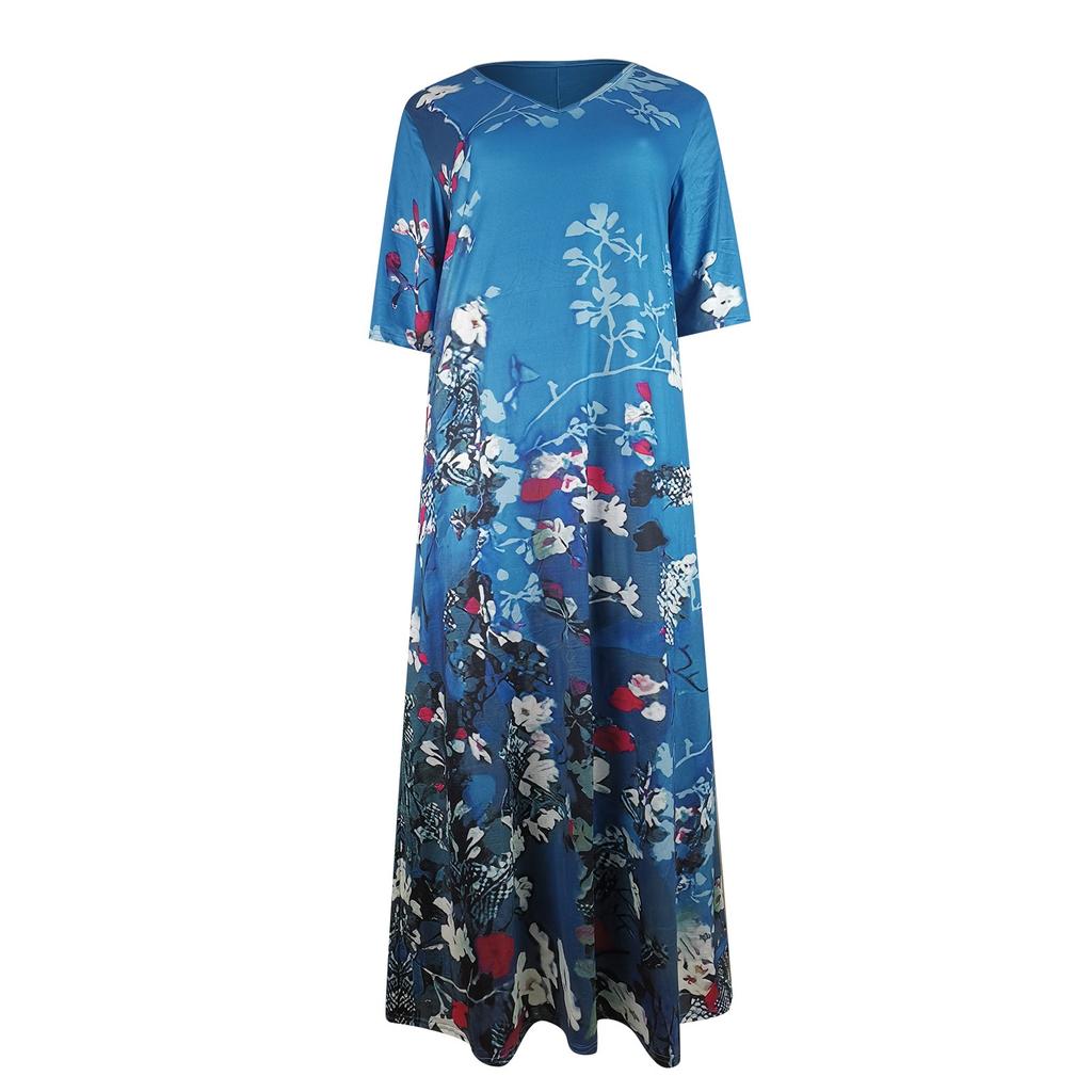 Ladies Casual Printed Long Dress V Neck Mid Waist Pullover Oversized Dress
