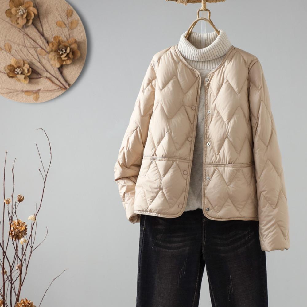 Women's Round Neck Long Sleeve Puffer Jacket Loose Fit Casual Lightweight Quilted Coat
