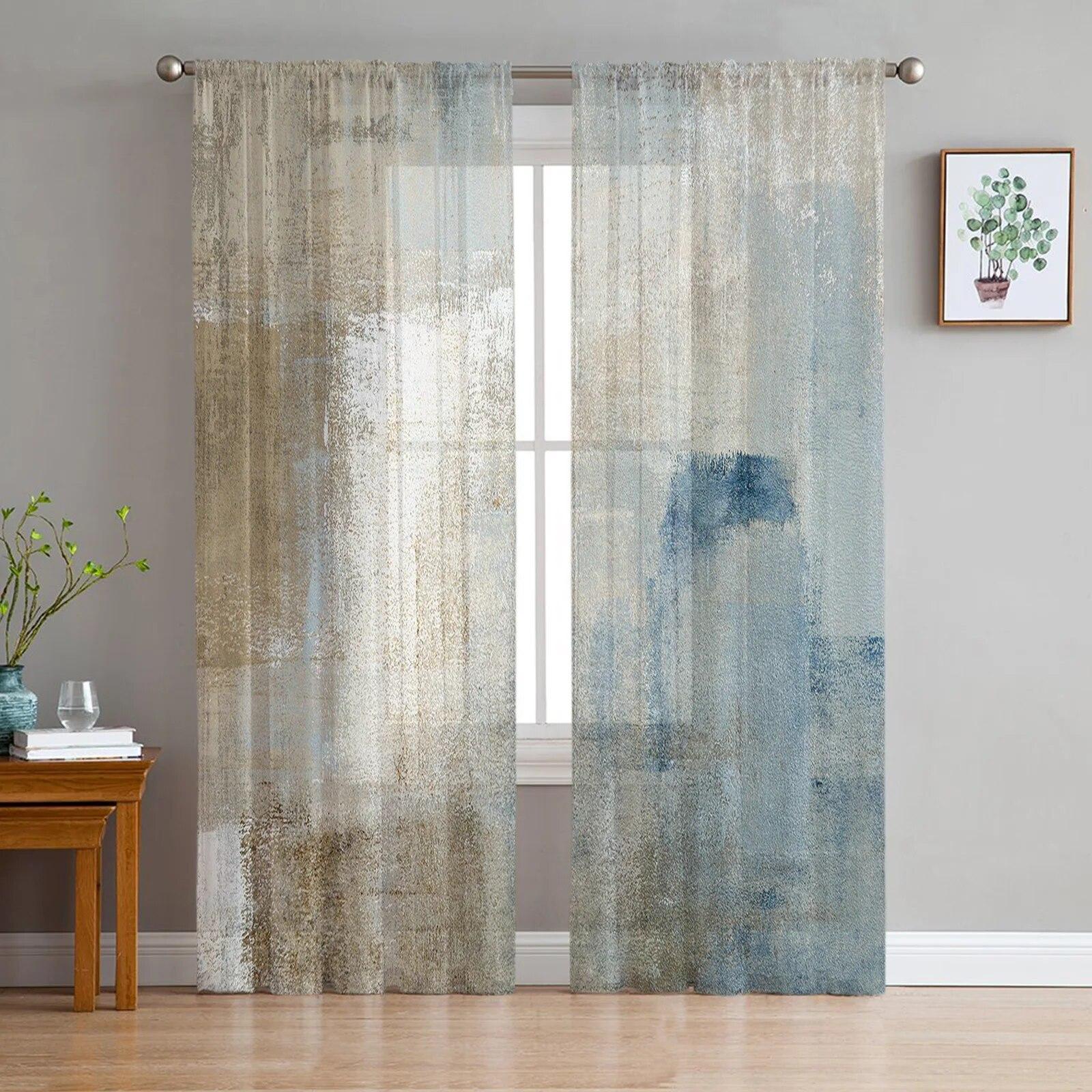 Geometrische Farbe Schlafzimmer Transparent Gardinen Urlaub Dekoration Fenster Voile Tüll Vorhang 135W x 114H(cm)