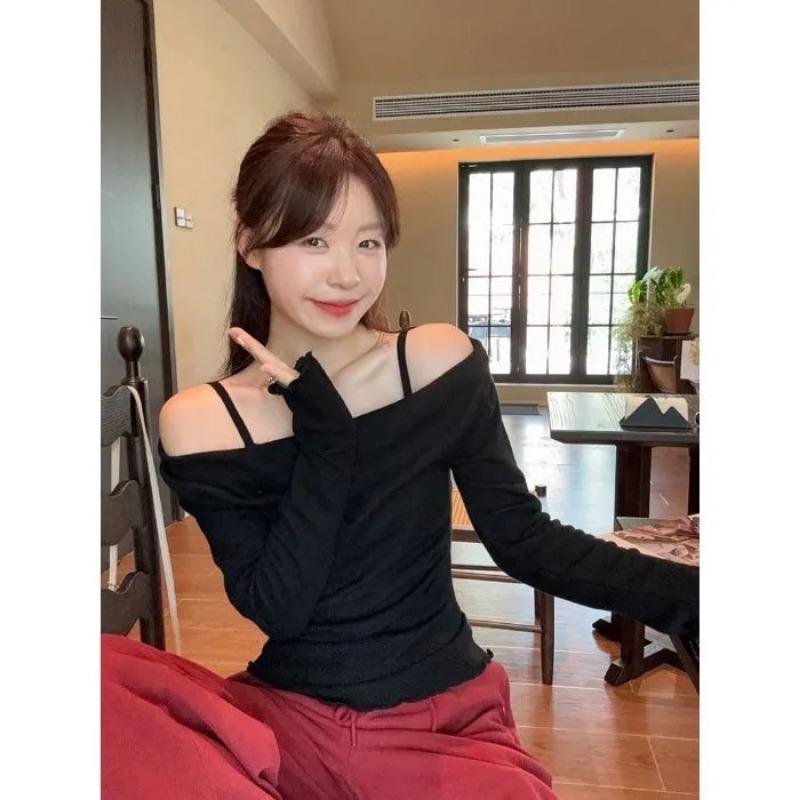 Pure Lust Style Sweet Fake Two-piece One-shoulder Bottoming Shirt for Women Autumn New Slim Fit Design Off-shoulder Top