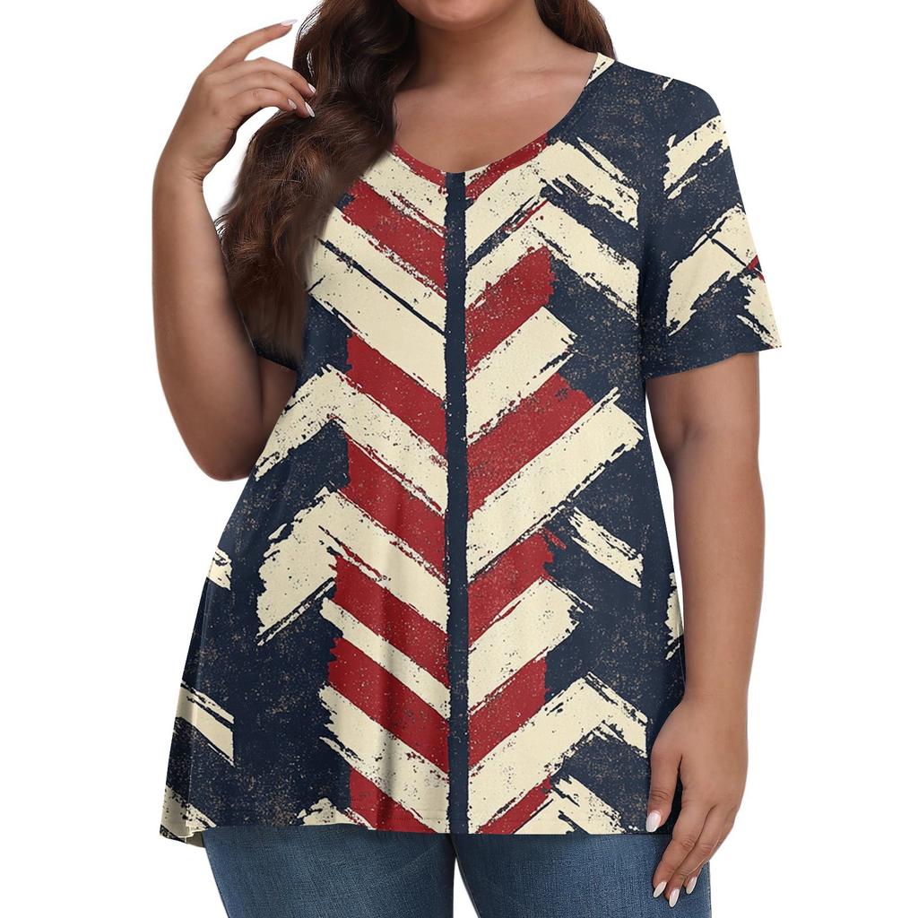 Women's Fashion Casual V-Neck Pullover Short Sleeve Large Size Vintage Printed Top