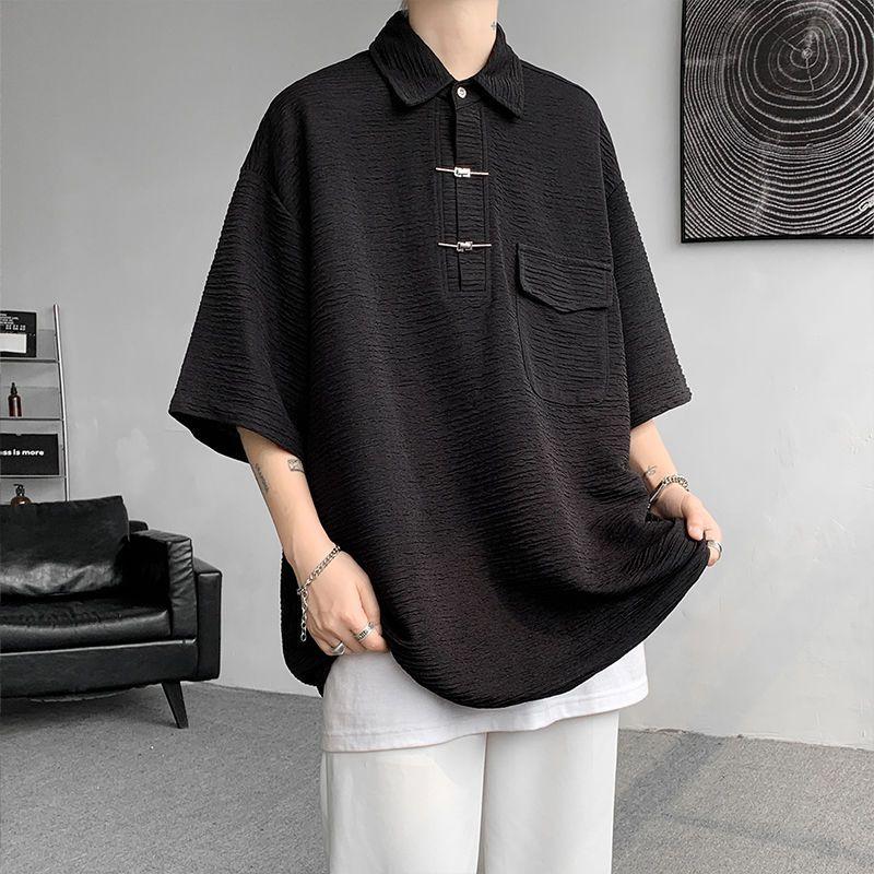 Chinese Style Vintage Loose Polo Shirts Men's Clothing Basic Solid Color Summer Turn-down Collar Stylish Button Casual T-shirts
