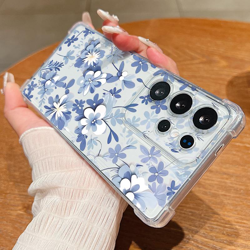 S25 Ultra Case Blue and White Flowers Pattern Clear Soft Cover For Samsung Galaxy S25 Edge S24 Ultra S23 S22 Plus S21 FE Capa Funda