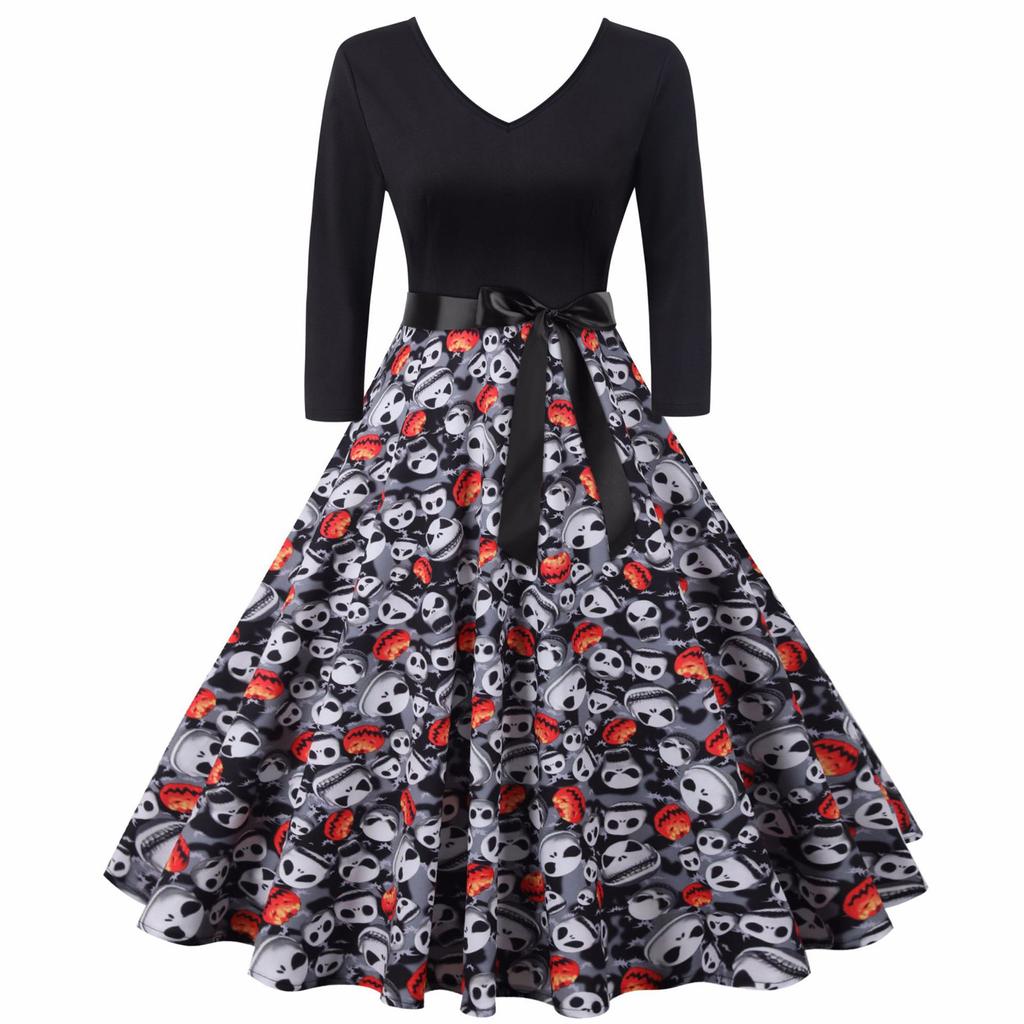 Women's Halloween Digital Printed Waist Long Sleeve Stitching A-line V-neckDress