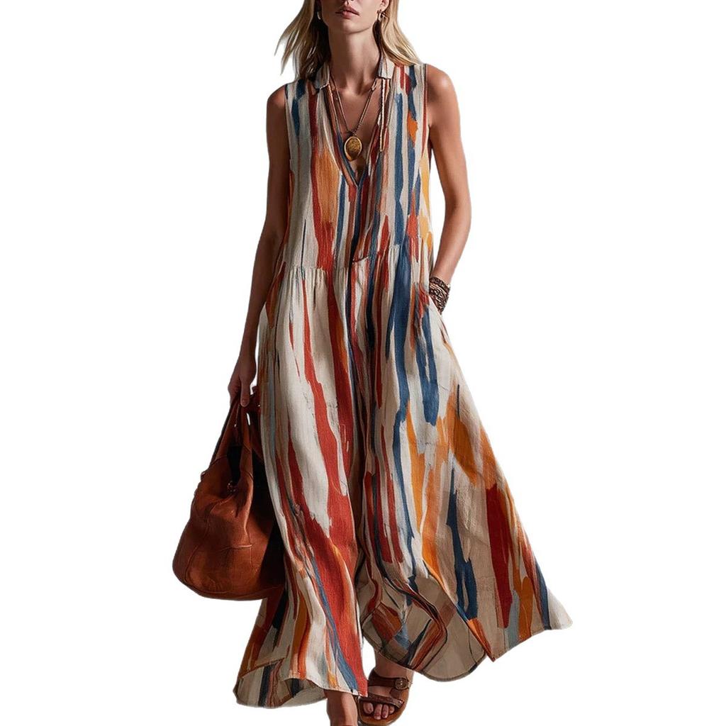 Women's Fashion Color Striped Sleeveless Deep V-Neck Off-Shoulder Dress