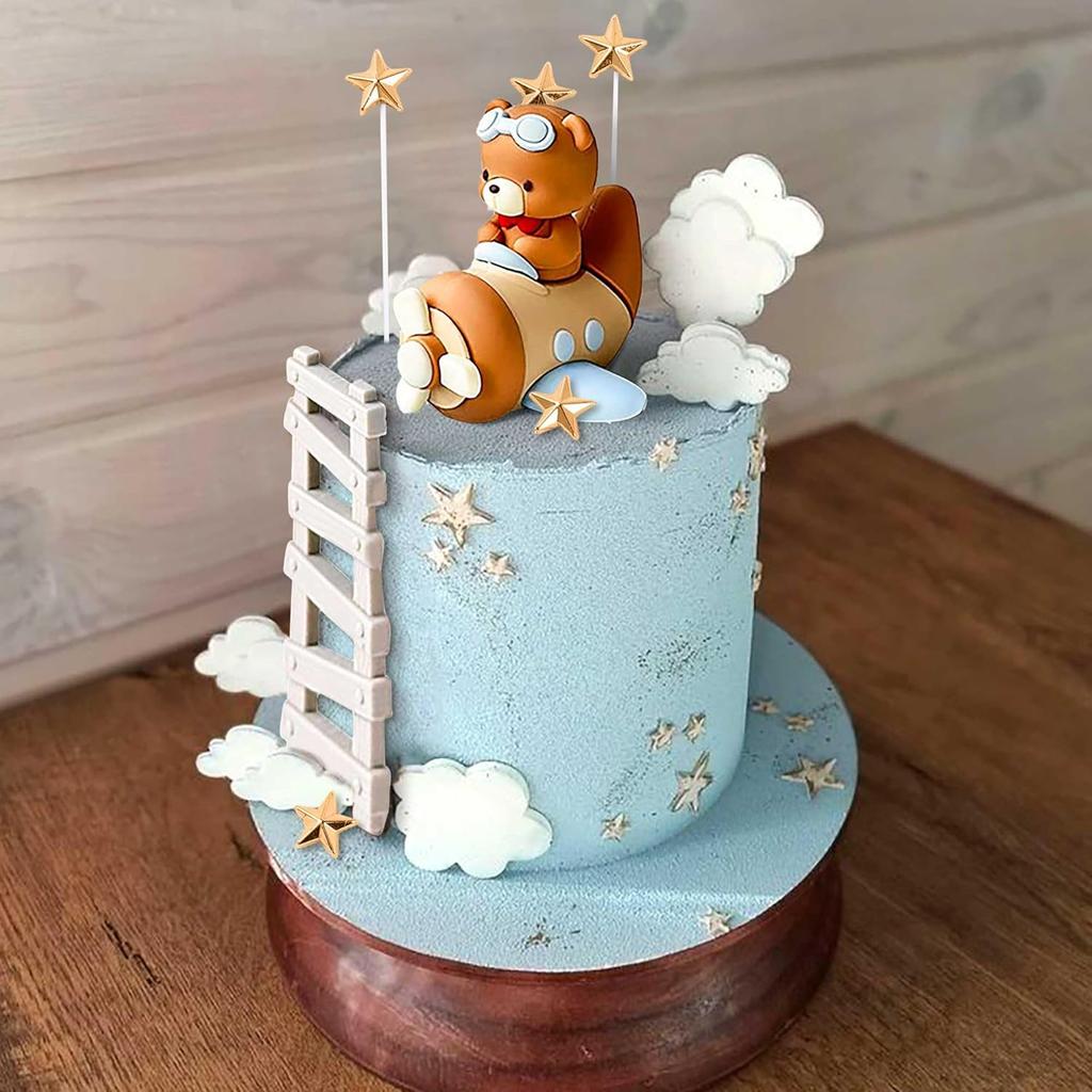 Airplane Bear Cake Topper - Plane Bear Cake Decorations for Time Flies 1st Birthday, Baby Shower Boy's Birthday Party