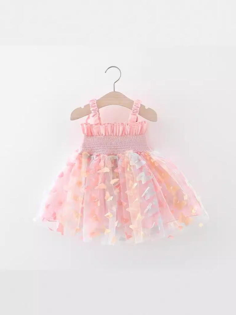 Girls' Summer Spaghetti Strap Mesh Dress with 3D Butterflies - Princess Style