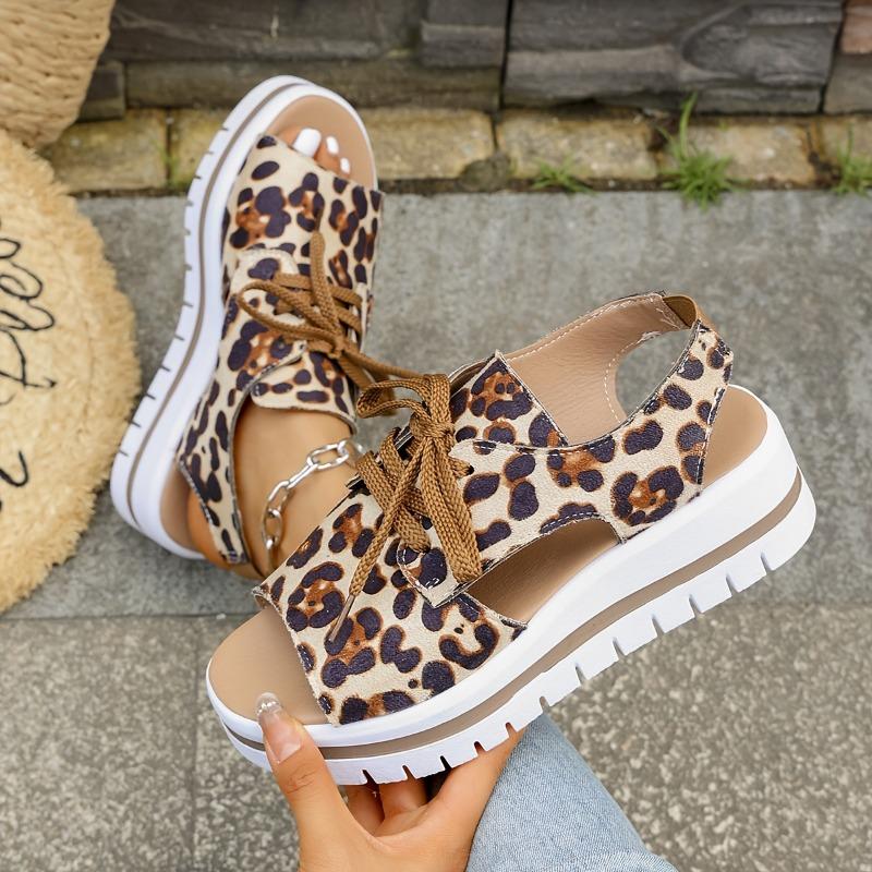 Women'S Solid Color Trendy Sandals, Leopard Print Lace-Up Fashionable Walking Shoes, Summer Casual Beach Vacation Platform Shoes.