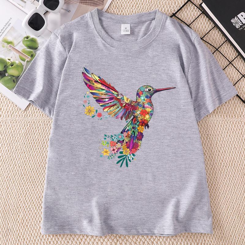 Floral Hummingbird TShirt Animal Lover Tee Bird T Shirts Trendy Short Sleeve T Shirts Unisex Ladies Summer Cotton Tshirts