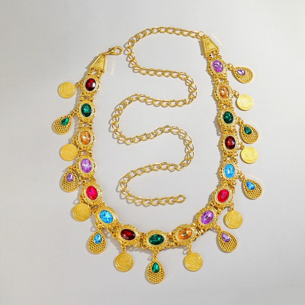 Gold Jewelry Arabic Women Alloy Acrylic Gem Waist Chain With Design Hollow