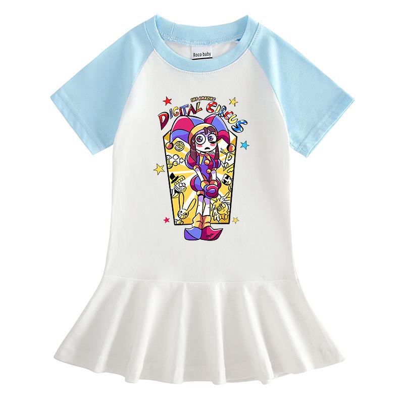 2026 Summer Korean Style Cartoon Short Sleeve Girls' Dress with Color Block and Pleated Skirt