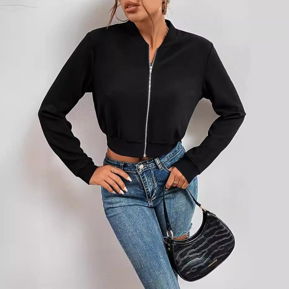 2024 Damen Casual Schwarze Reißverschluss Crop Top Bomberjacke