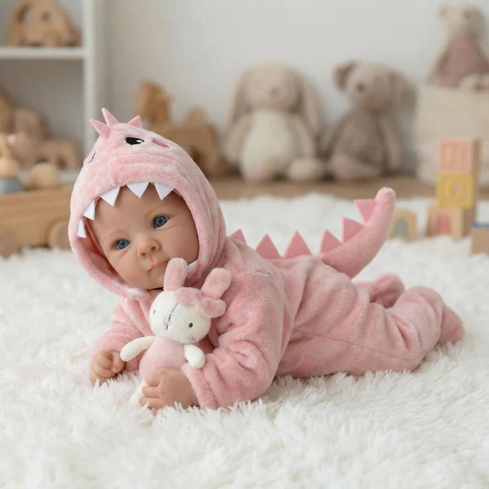Cure 18 Inch Cloth Body Reborn Dolls Bettie Full Vinyl Body Newborn Babies Doll Wear Pink Dinosaur Romper Vivid Rebirth Dolls for Children's Day Gifts