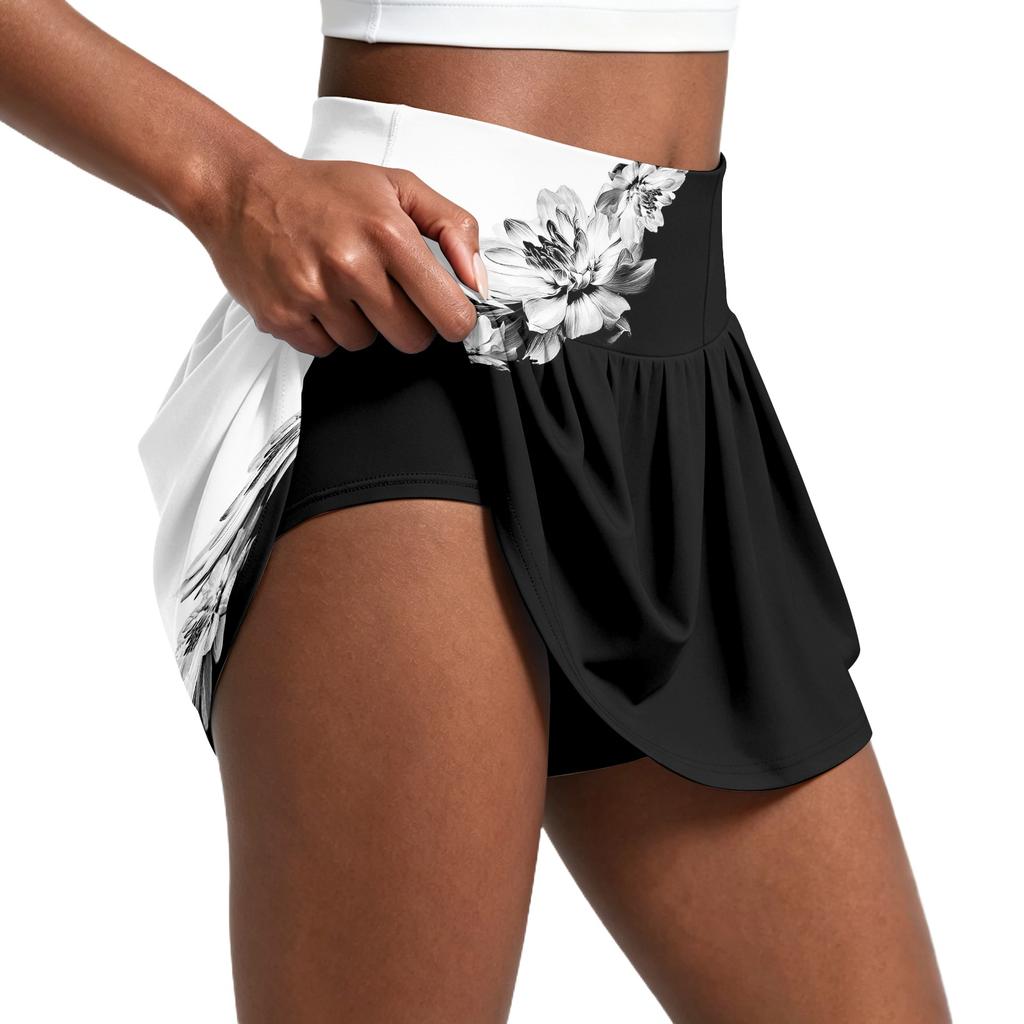 Womens Athletic Skort High Waisted Skort with Built In Shorts Tennis Golf Skort Floral Print Mini Sport Skirt Skort
