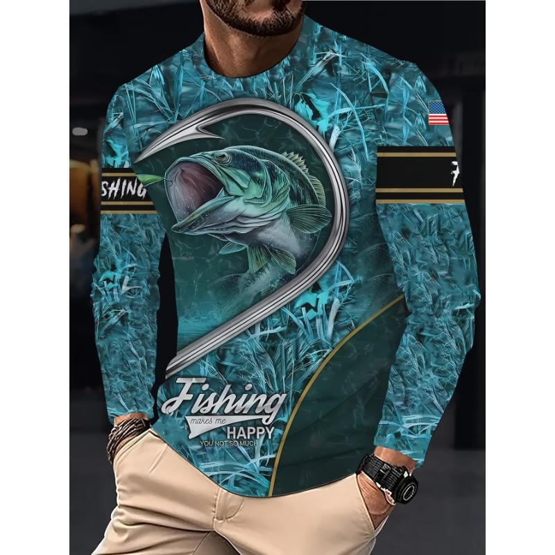 

Men s Long Sleeved Fishing 3D Full Print T-shirt, Fashionable Round Neck Top XL