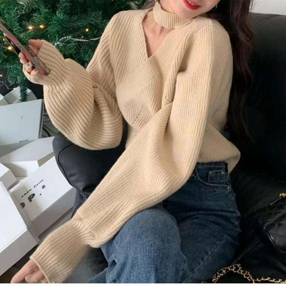 Autumn and winter new 1011 design neck sweater short knitted bottoming shirt with niche chic women's top women's
