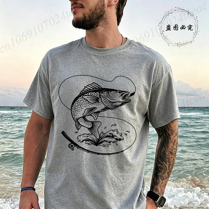 Retro Fish Fishing Print T-shirt Men Summer Breathable Tee T-Shirts Beach Vacation Casual Shirts Fisherman Gift Oversized Tops
