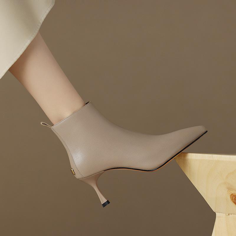 Temperament spisse høyhælte korte støvletter dame 2024 høst og vinter franske ankelstøvletter tynn hæl glidelås i siden tynne støvletter