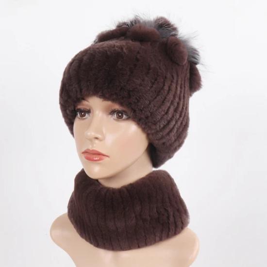 Knitted Women Warm Rex Rabbit Fur Hat Scarf Sets Winter Natural Rex Rabbit Fur Cap Scarves Russia Lady Fur Hats Muffler 2 Pieces