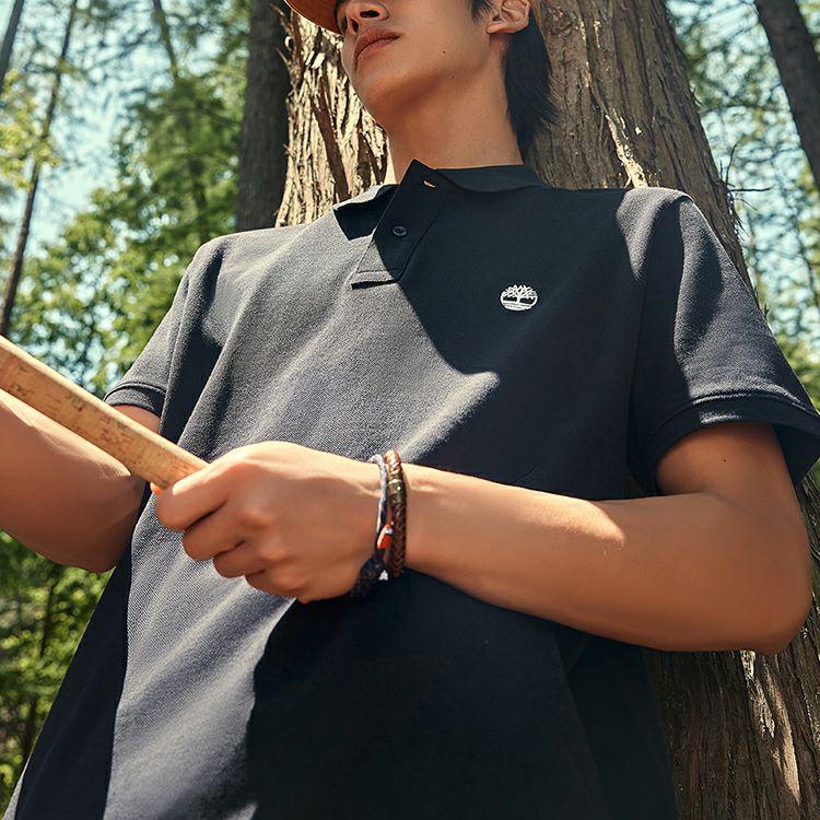 Timberland Logo Collared Casual Loose Fit Short Sleeve Polo Shirt Men Polo Shirts Black A24H2-001