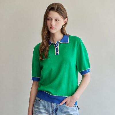 Color Block Collar Pearl Button Short Sleeve Knit Zf06qk010na