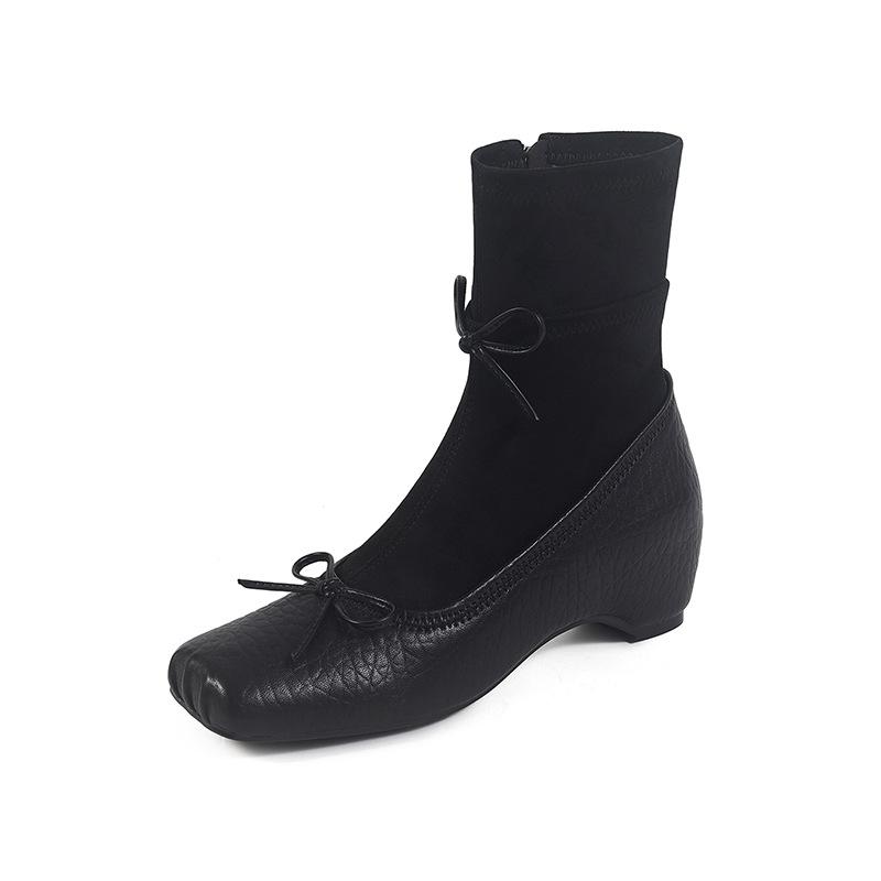 Sheepskin Version~ Retro Ballet Style Bow Thin Boots Women's French Autumn and Winter New Pig Nose Thick Heel Short Boots