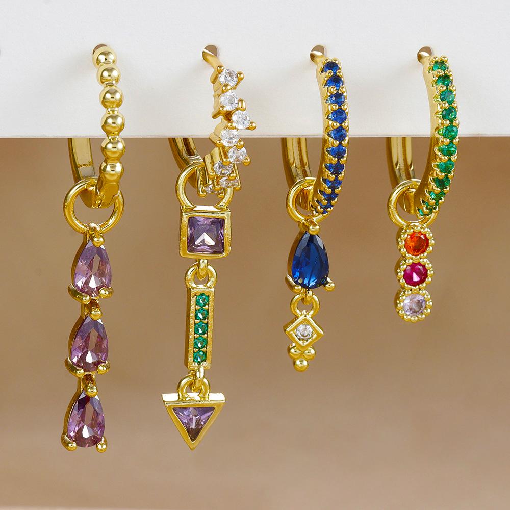 2PCS Stainless Steel Multicolor Zircon Geometry Drop Earrings For Women Fashion Creative Charm Dangle Earring Piercing Jewelry