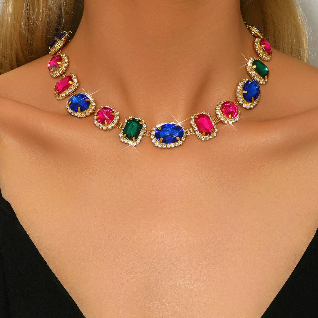 Luxury Full Diamond Geometric Oval Color Crystal Neck Chain Earrings Rhinestone Necklace Fashion Exaggerated Bundle Necklace