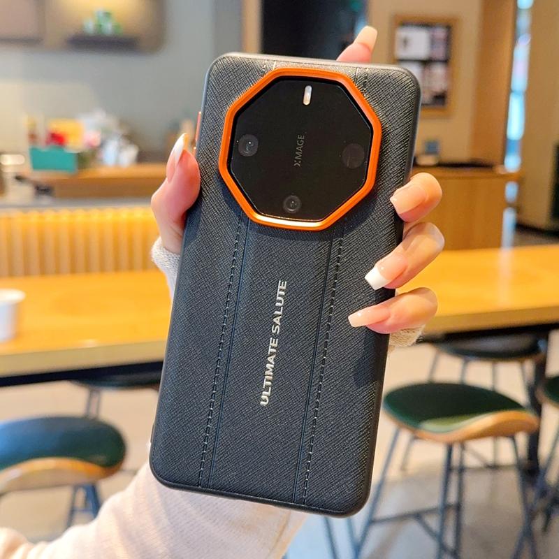 Luxury Cross Texture Leather Design Case For Huawei Mate 60RS 50RS 40RS Slim Orange Camera Ring Shockproof Cover