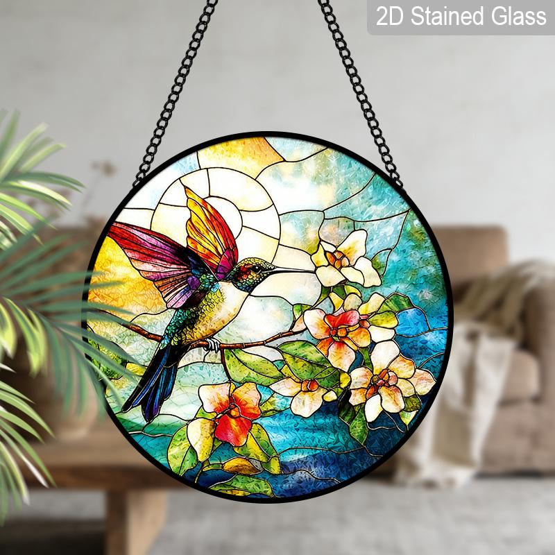 2D Flat Stained Glass Hummingbirds Window Decoration, 7.87inches Colored Glass Plate with Chain, Charming Spring Summer Sun Catcher Home Livingroom