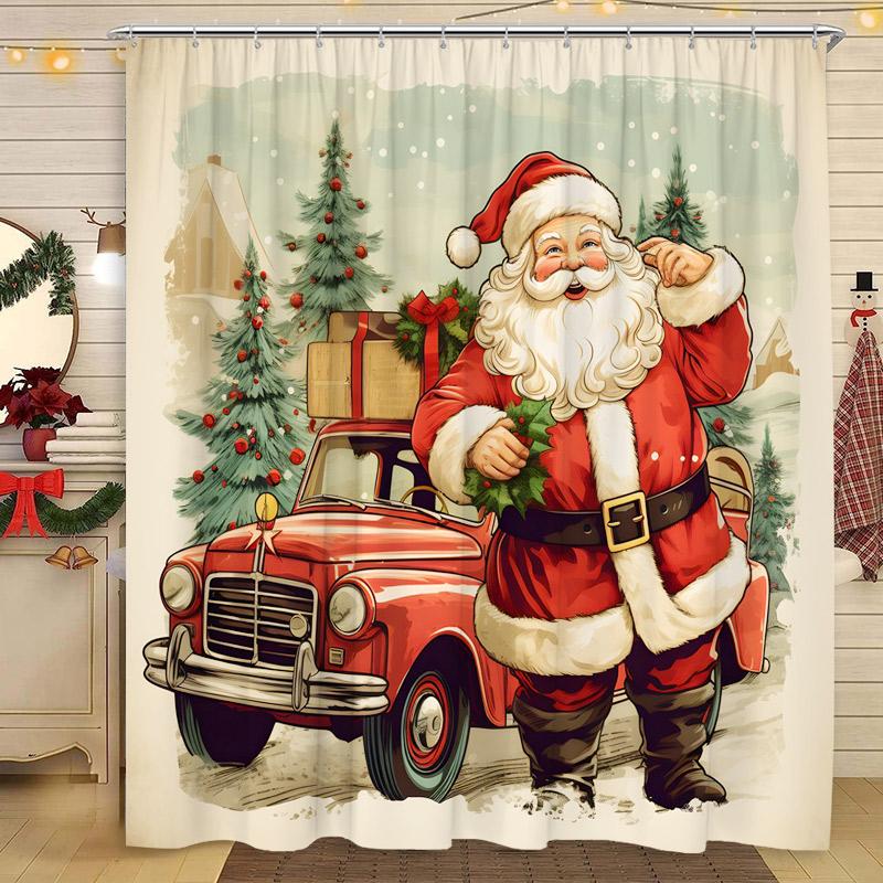 Christmas Shower Curtains Funny Santa Claus Xmas Tree Fir Branch Red Berry Birds New Year Fabric Bathroom Decor Bath Curtain Set