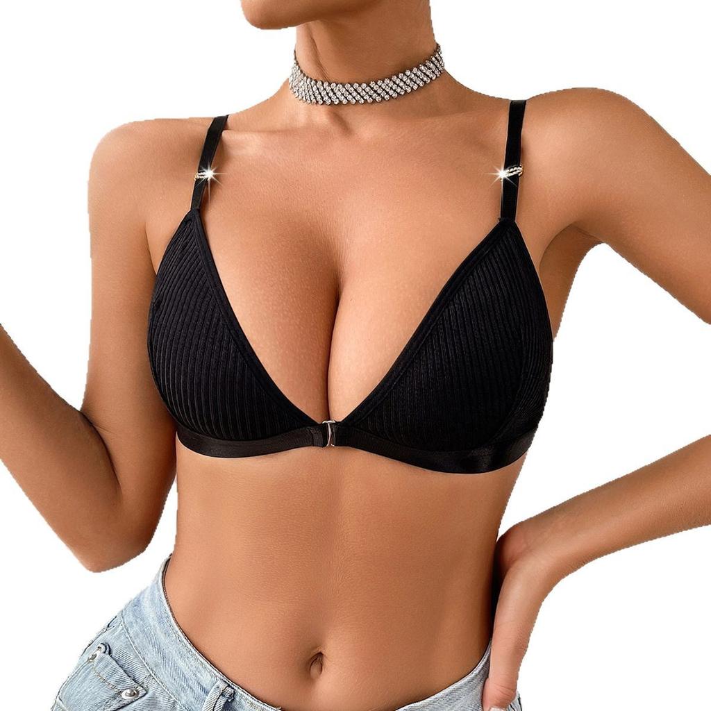 Ribbed Front Closure Deep V Wireless Bra