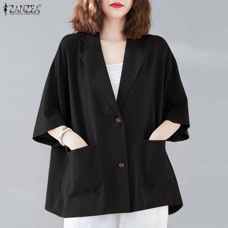 ZANZEA Women Summer Turn Down Collar Loose 3/4 Sleeve Cardigan Blouse