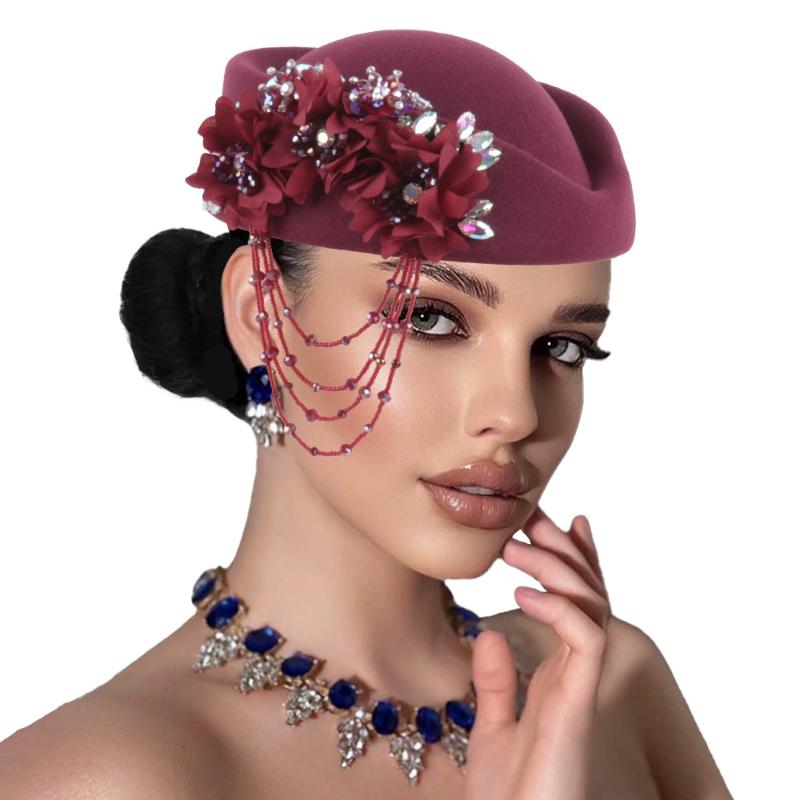 Retro British Hat For Women Elegant 3D Floral Decorated Flight Attendant Cap Beret Cosplay Costume Accessories