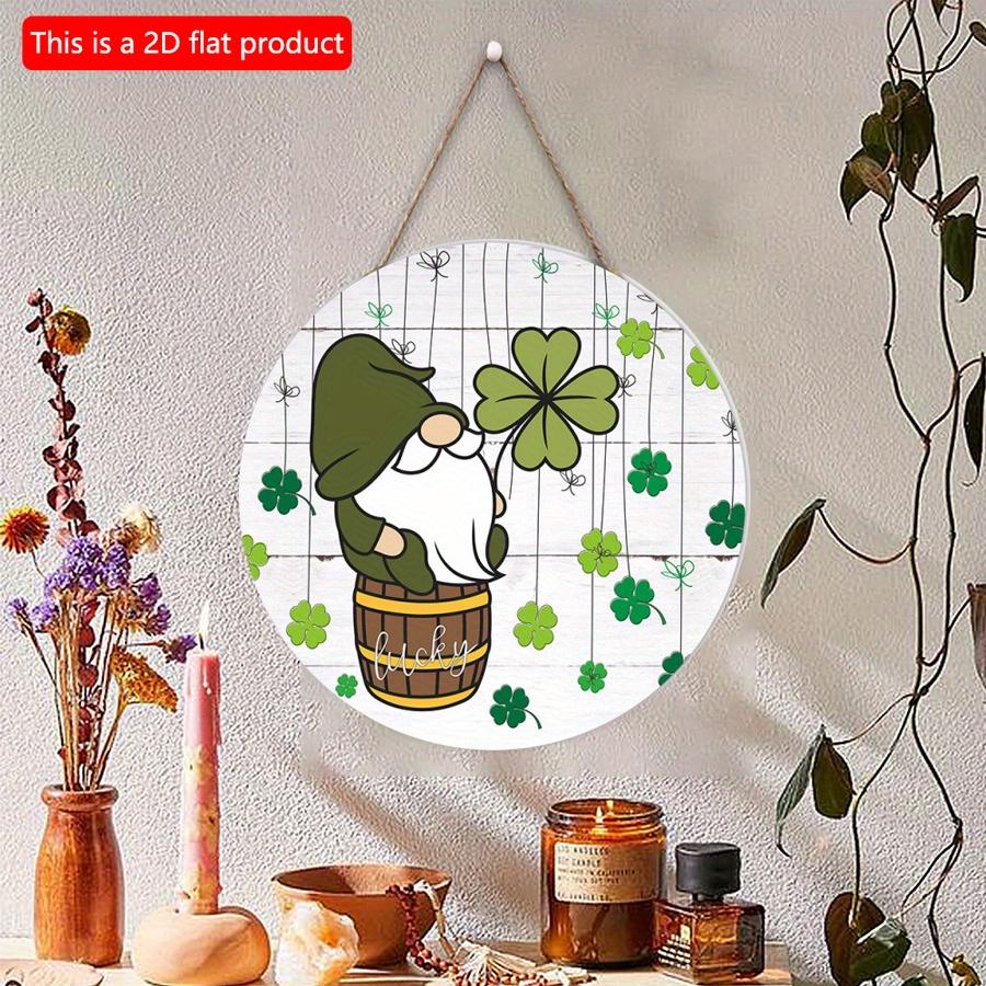 2D Flat 20*20cm1pc St. Patrick's Day Old Elf Dwarf In green&Four-leaf Grass Patterns Lucky Wooden Hanging Decoration, Front Door Vintage Welcome Plaqu
