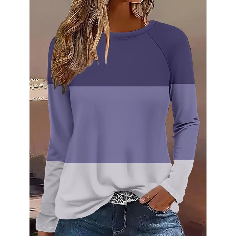 Round Neck 3D Striped Printed Top Casual Long Sleeved Women's T-shirts - Soft Medium Stretch Polyester Fabric Spring and Autumn Relaxed Fit Clothing