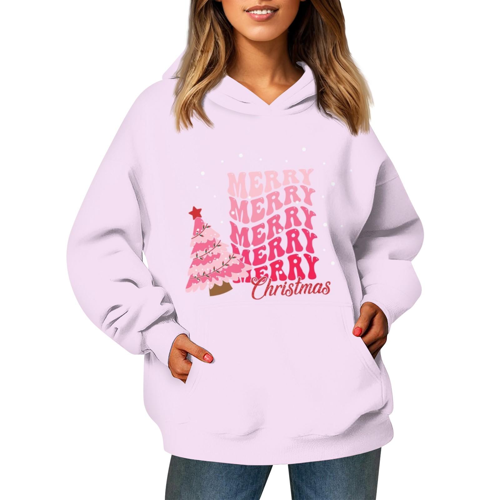 

Женский модный свитер с длинными рукавами и рождественским принтом, с капюшоном и карманом S розовый