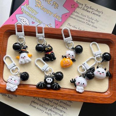 Halloween Cartoon Resin Keychains With Bell Cute Ghost Mummy Pendant For Bag Backpack Decor Party Gift