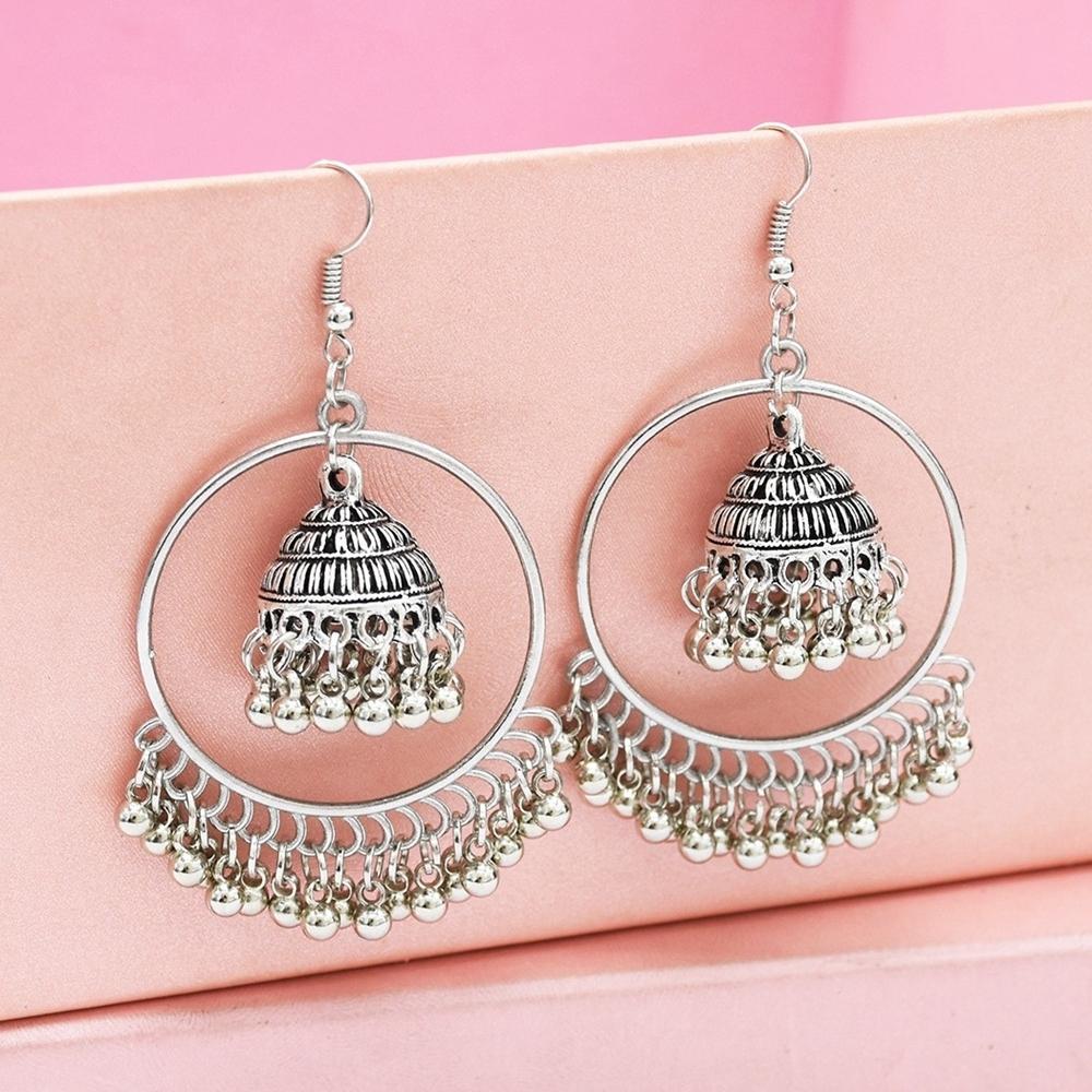 Boho Etnické Retro Starožitná Zlatá Barva Slitina Kruh Ptačí Klec Korálky Zvonky Třásně Indické Jhumka Náušnice Pro Ženy Doplňky