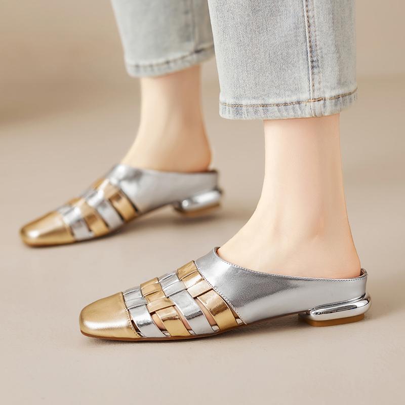 Mode 2025 Neue Mode Eckige Zehenpartie Niedriger Absatz Damen Sandale Frühling Sommer Büro Dame Party Echte Lederschuhe Frau Mueller Slipper